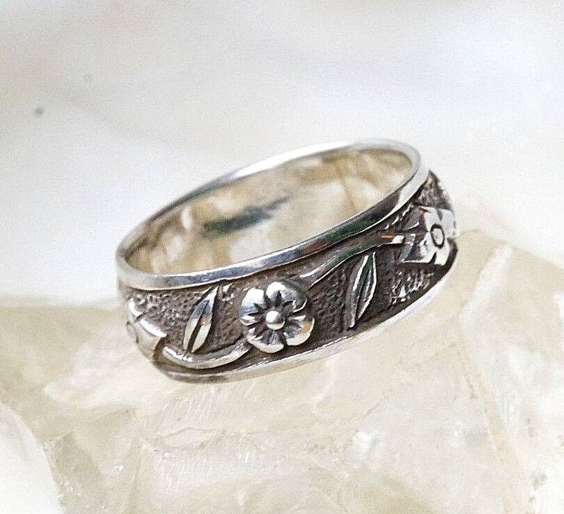 Massiv 57 58 67 Silberring 7 mm Grob Muster Floral Verspielt Ring Silber Antik