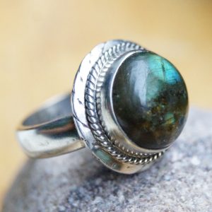 Rund Silberring 52 Vintage Modern Labradorit Handarbeit Bunt Grün Silber Ring