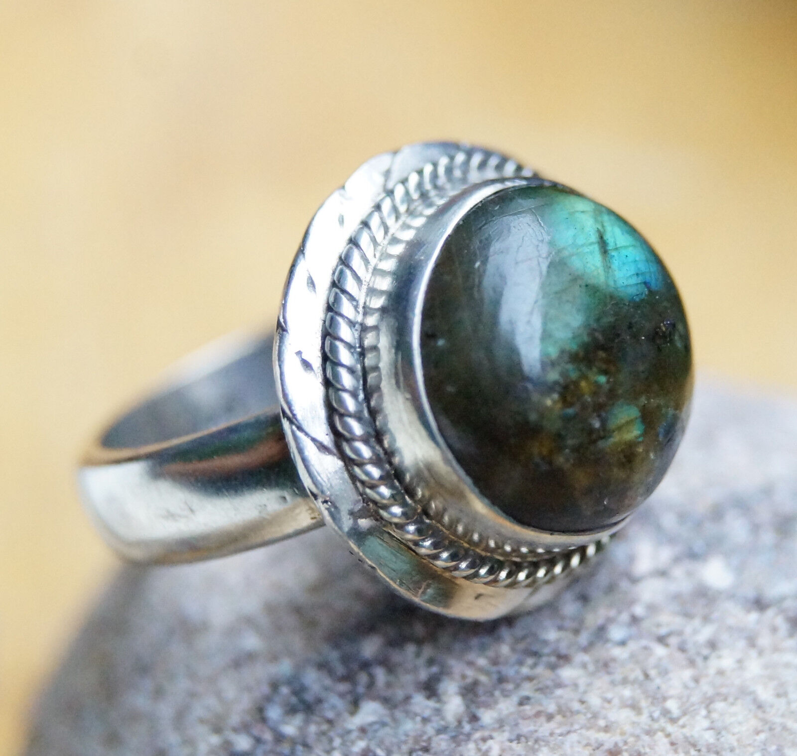 Rund Silberring 52 Vintage Modern Labradorit Handarbeit Bunt Grün Silber Ring