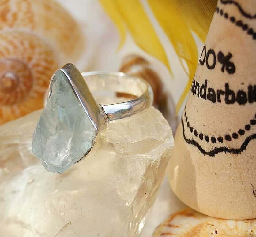 Bauhaus Design Ring 56 Aquamarin Blau 925er Silber Schlicht Rohstein Silberring – Bild 7