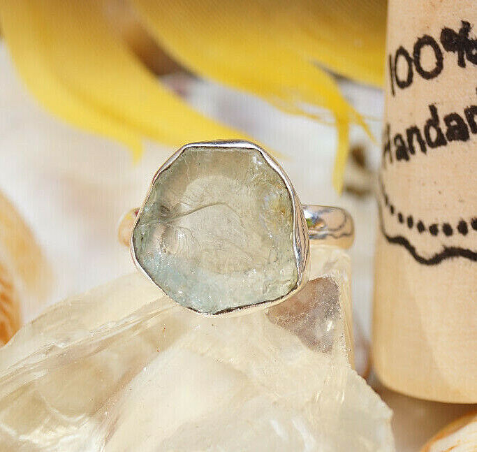 Bauhaus Design Ring 56 Aquamarin Blau 925er Silber Schlicht Rohstein Silberring – Bild 9