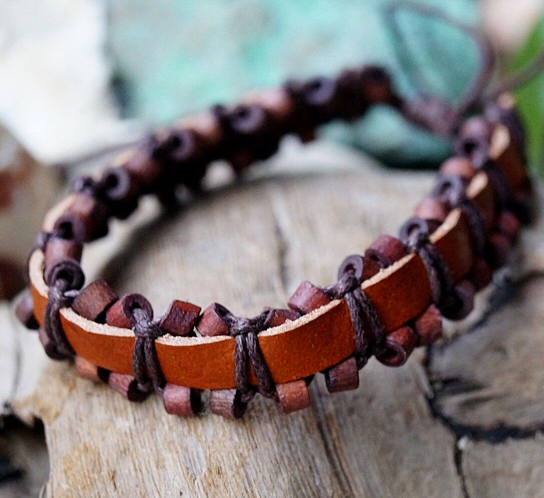 Echtes Öko Lederarmband 1,5 cm breit Natur Braun Schwarz Holzkugel Leder Armband – Bild 16