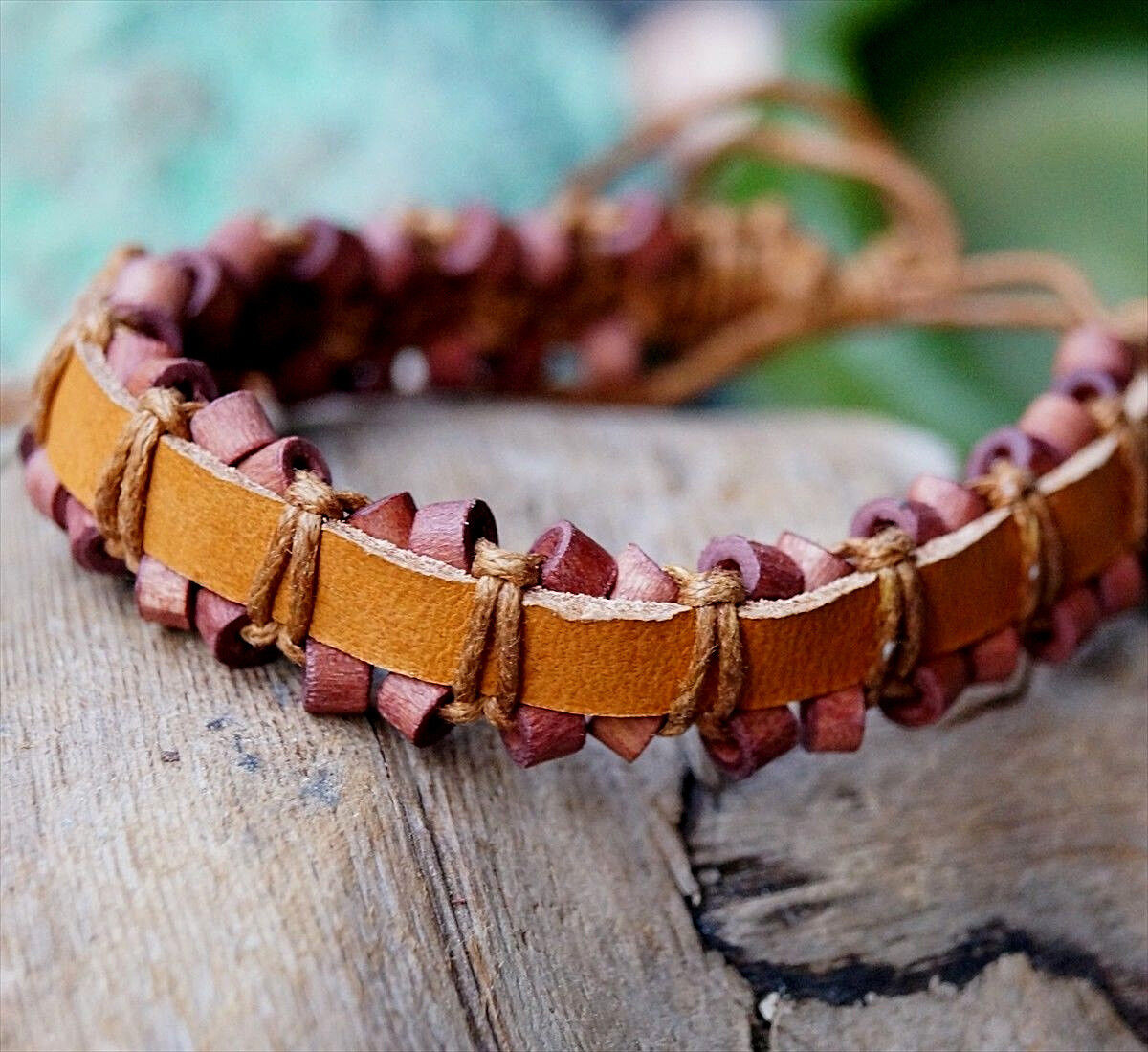 Echtes Öko Lederarmband 1,5 cm breit Natur Braun Schwarz Holzkugel Leder Armband – Bild 17