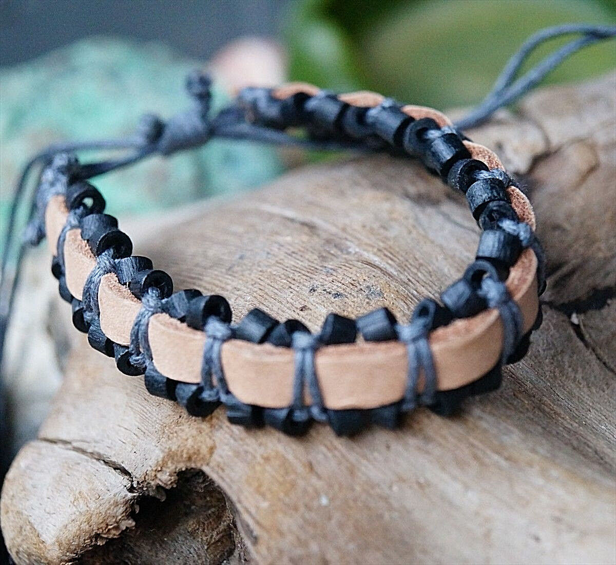 Echtes Öko Lederarmband 1,5 cm breit Natur Braun Schwarz Holzkugel Leder Armband – Bild 13