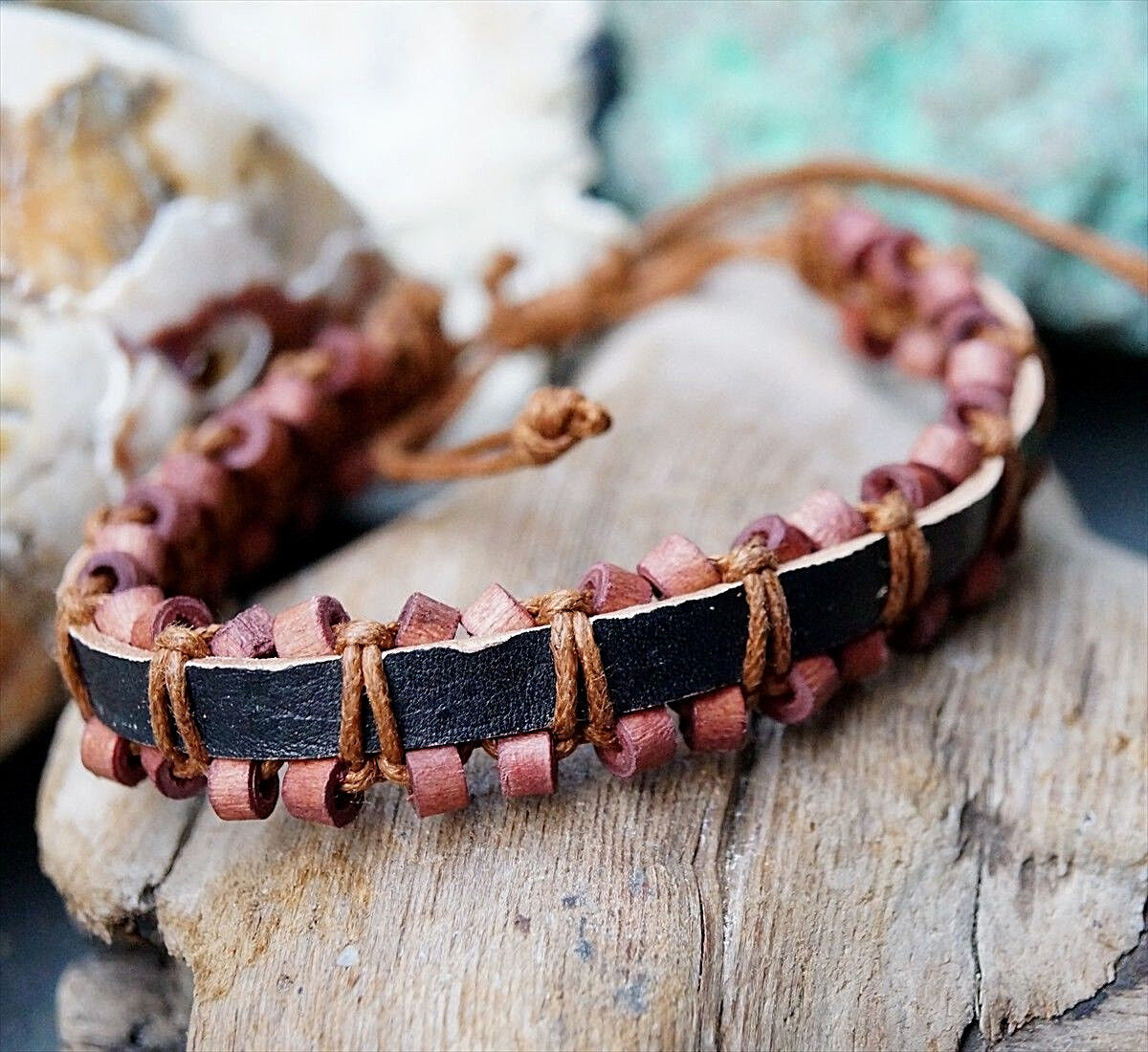 Echtes Öko Lederarmband 1,5 cm breit Natur Braun Schwarz Holzkugel Leder Armband – Bild 12