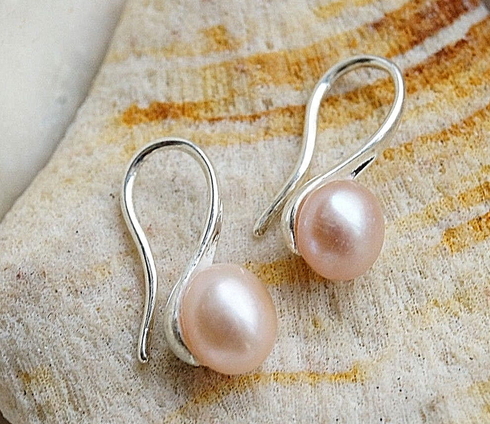 Handarbeit Ohrhänger Ohrringe Silber Perle 9,5 mm Aprikot Modern Schlicht Edel – Bild 3