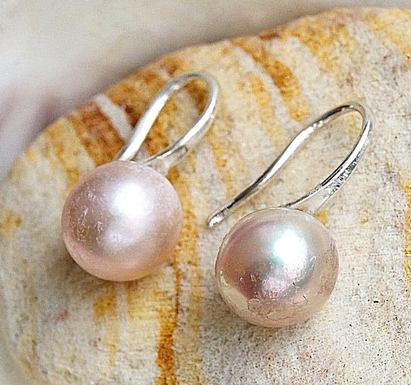 Handarbeit Ohrhänger Ohrringe Silber Perle 9,5 mm Aprikot Modern Schlicht Edel – Bild 5