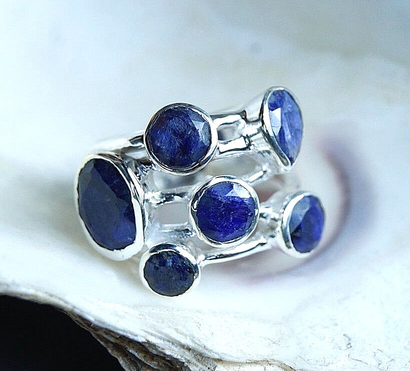 Handarbeit Ring 2 cm Silber 55 56 Silberring Modern Saphir Blau Facettiert Edel