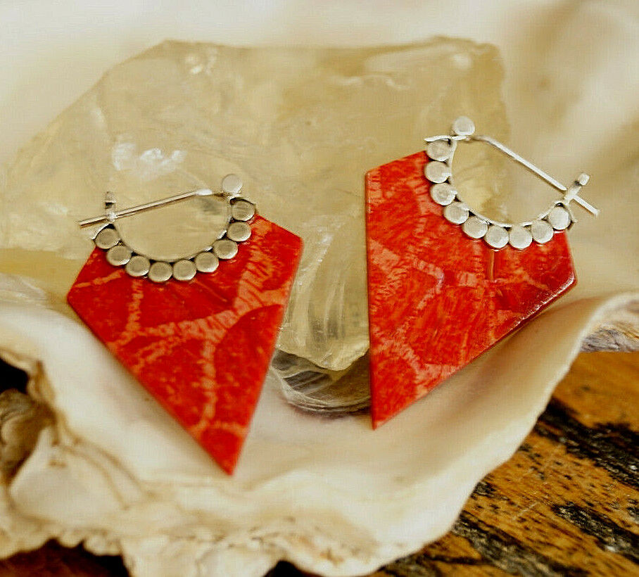 Schlicht Art Design 925er Silber Ohrringe Creolen Koralle Rot Raute Punkt-Muster – Bild 7