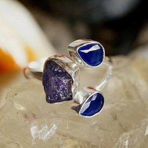 Silberring 56 Saphir Tropfen Tansanit Roh Freiform Ring Silber Rohstein Modern