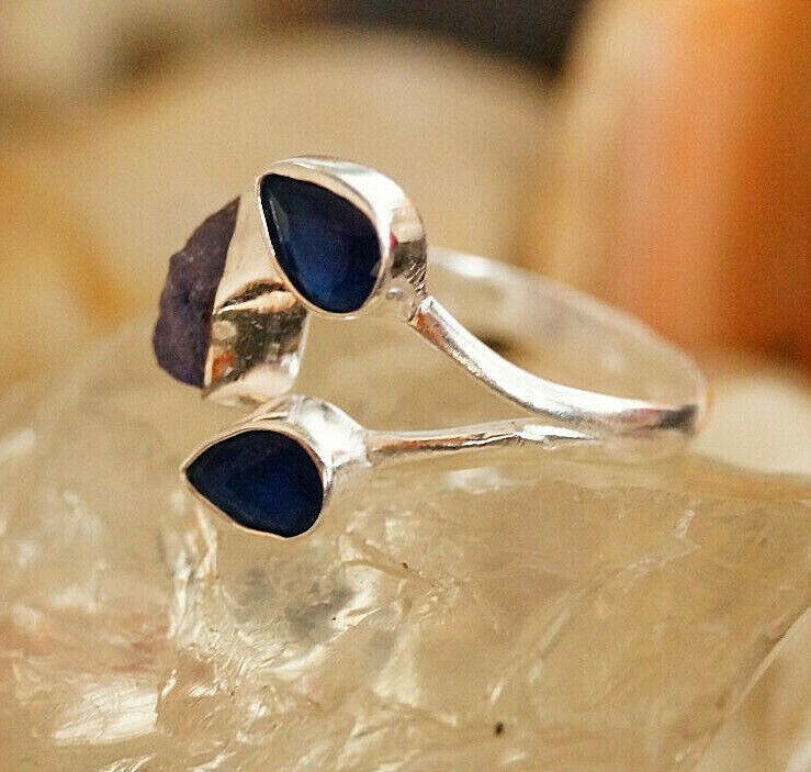 Silberring 56 Saphir Tropfen Tansanit Roh Freiform Ring Silber Rohstein Modern – Bild 5