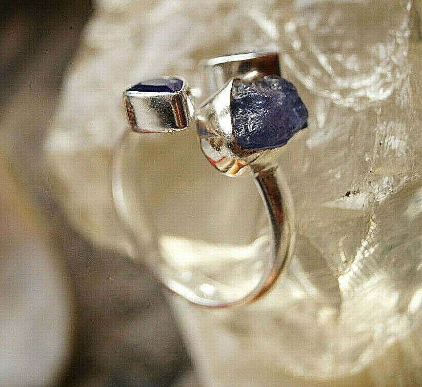 Silberring 56 Saphir Tropfen Tansanit Roh Freiform Ring Silber Rohstein Modern – Bild 6