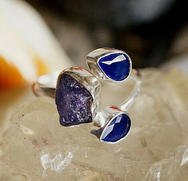 Silberring 56 Saphir Tropfen Tansanit Roh Freiform Ring Silber Rohstein Modern