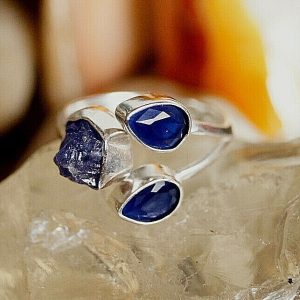 Silberring 57 Saphir Tropfen Tansanit Blau Rohstein Ring Silber Rohstein Modern