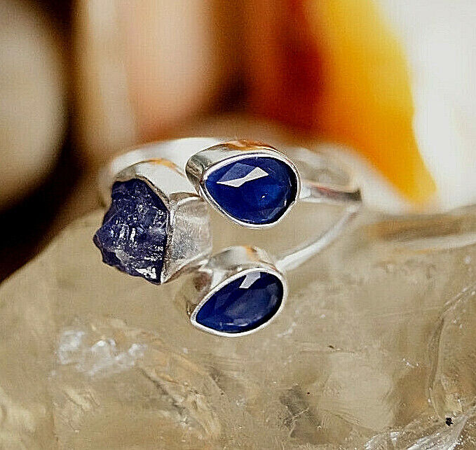 Silberring 57 Saphir Tropfen Tansanit Blau Rohstein Ring Silber Rohstein Modern