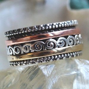 Tricolor Vintage Keltisch Drehring 925er Silber Ring Breit 56 57 Kupfer Messing