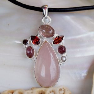 Vintage Design 925er Silber Kettenanhänger Multistone Rosenquarz Turmalin Rosa
