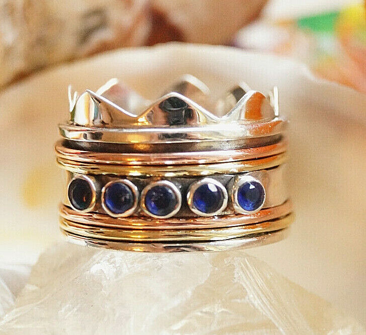 5er Drehring 925er Silber Breit 62 63 64 Saphir Blau Ring Krone 3-Metallring – Bild 3