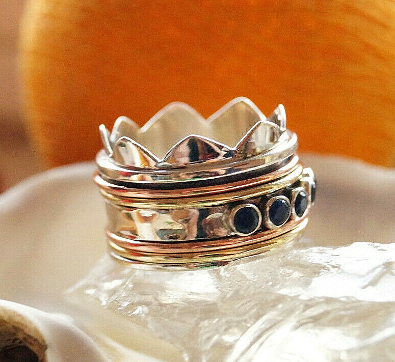 5er Drehring 925er Silber Breit 62 63 64 Saphir Blau Ring Krone 3-Metallring – Bild 4
