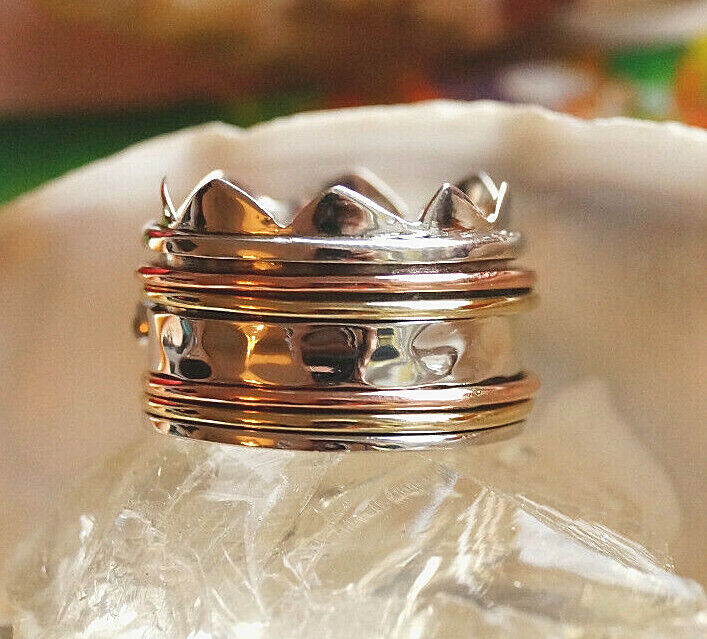5er Drehring 925er Silber Breit 62 63 64 Saphir Blau Ring Krone 3-Metallring – Bild 7