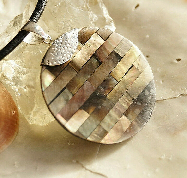 925er Silber Groß Design Kettenanhänger Perlmutt Grau Braun Muschel Rund Mosaik – Bild 3