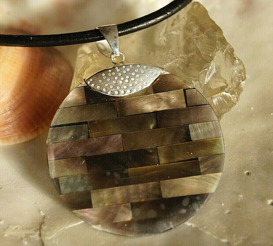 925er Silber Groß Design Kettenanhänger Perlmutt Grau Braun Muschel Rund Mosaik – Bild 4
