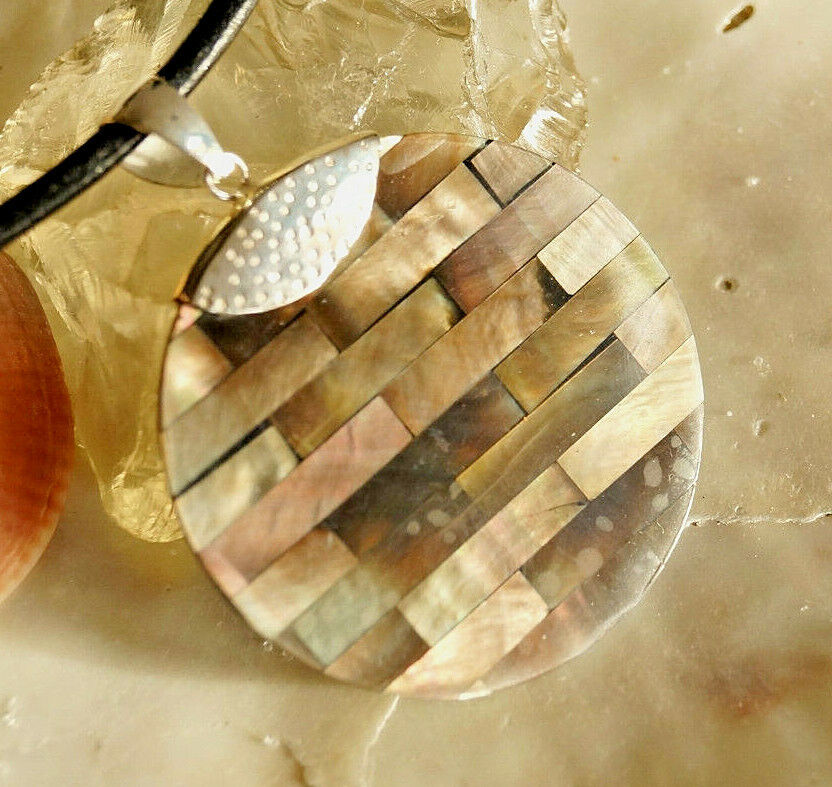 925er Silber Groß Design Kettenanhänger Perlmutt Grau Braun Muschel Rund Mosaik – Bild 5
