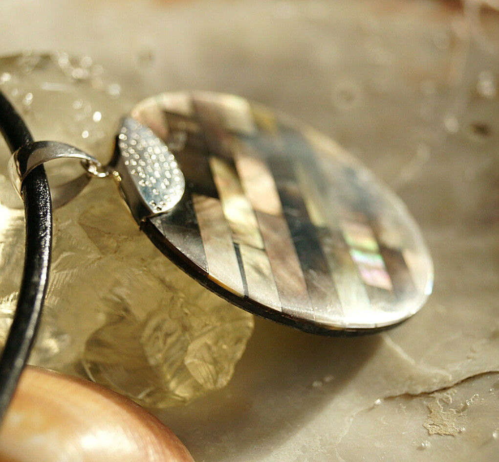 925er Silber Groß Design Kettenanhänger Perlmutt Grau Braun Muschel Rund Mosaik – Bild 6