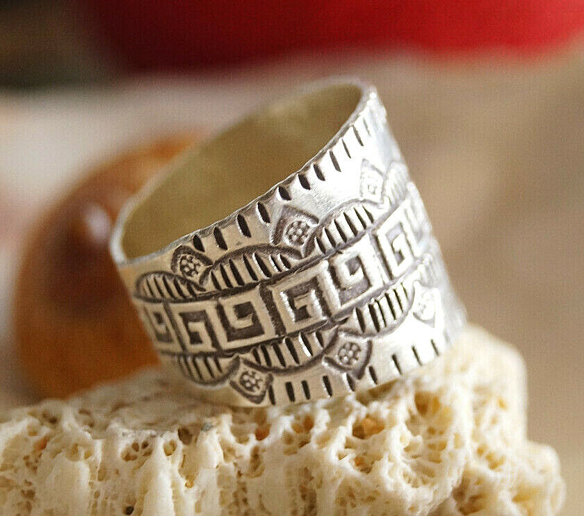 980er Silberring Offen ab 54 56 59 60 61 +4 Silber Ring Eckig Mäander Muster – Bild 3