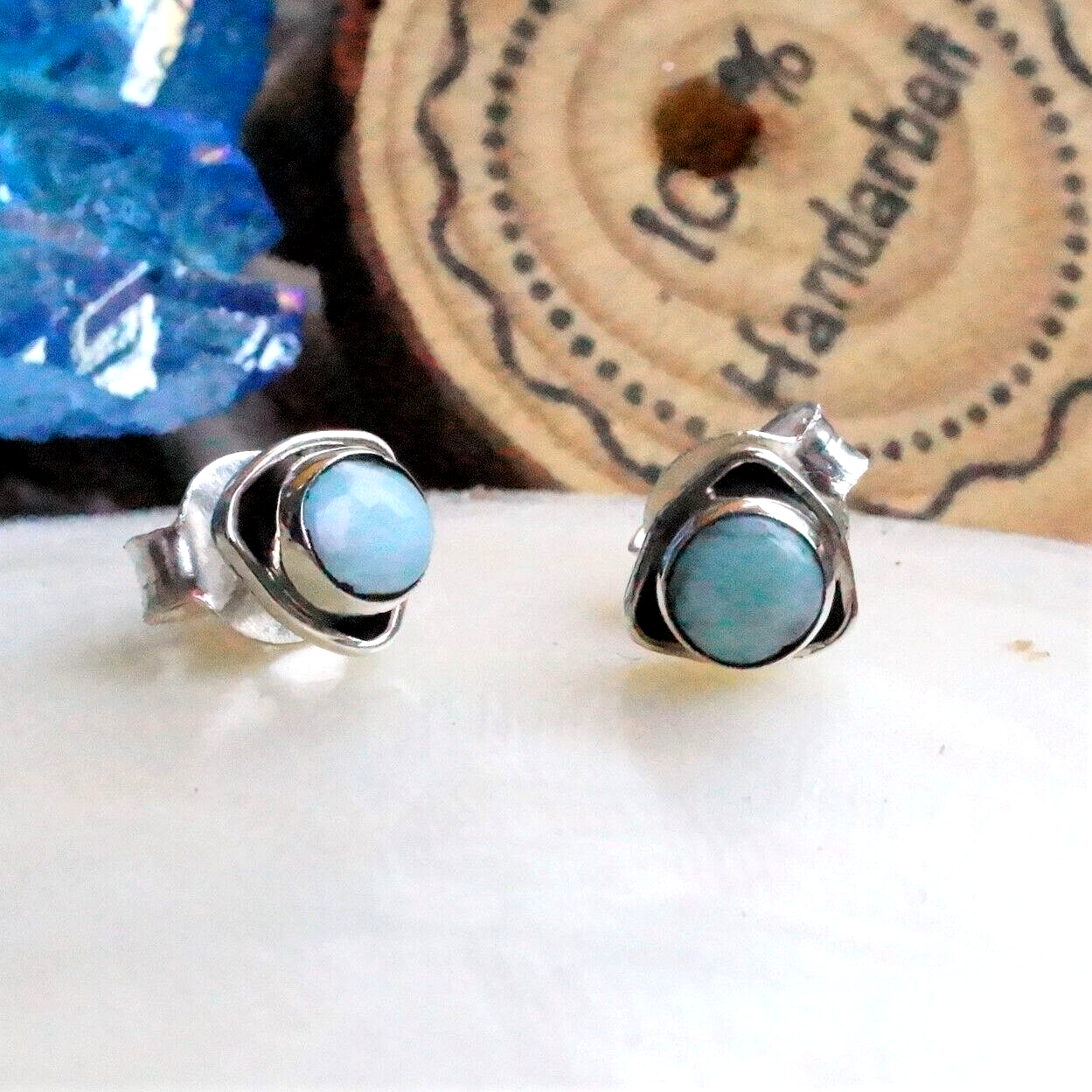 Bauhaus Design Ohrstecker 925er Silber Larimar Türkis Weiß Eckig 7 mm Schlicht – Bild 6