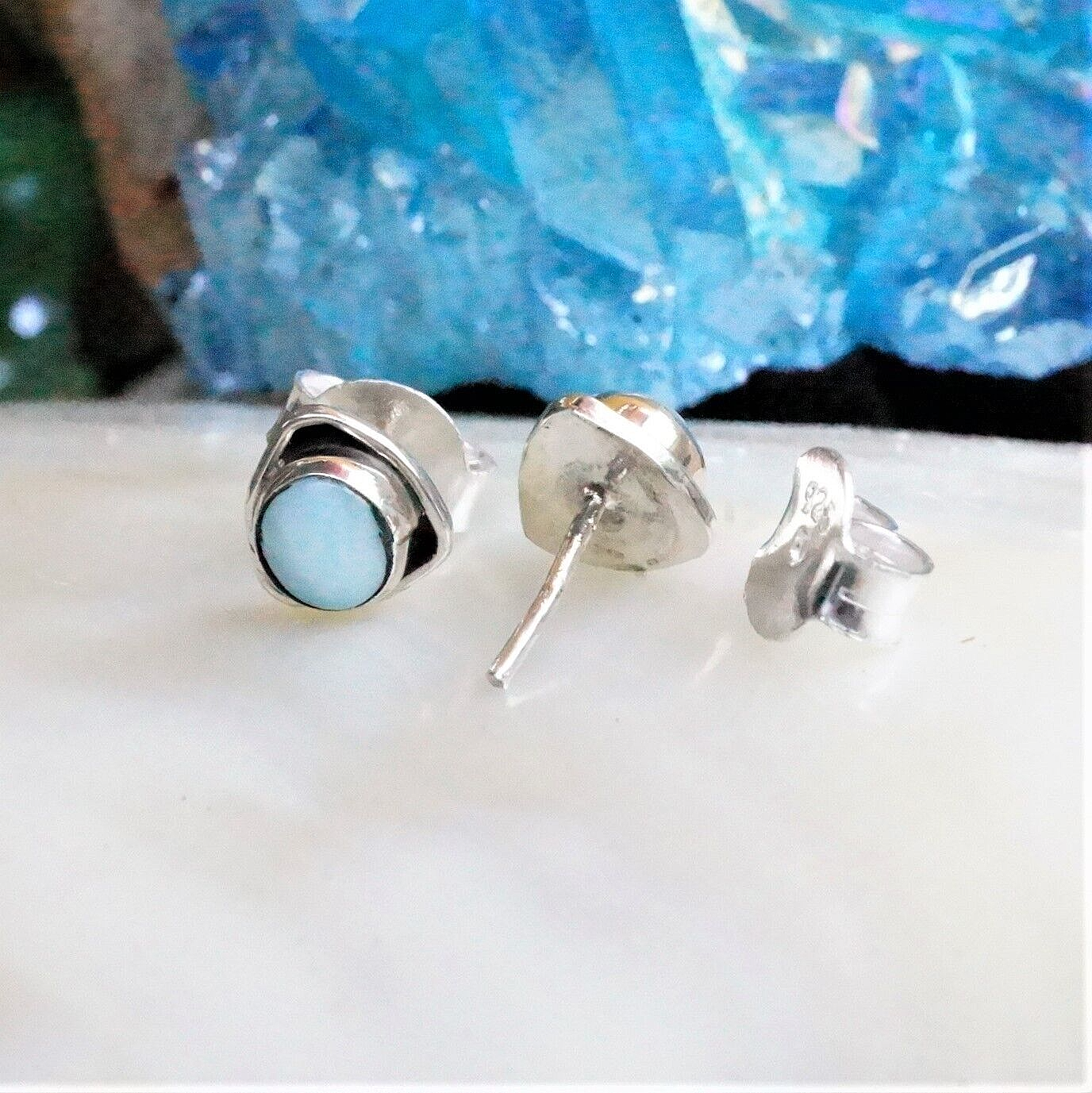 Bauhaus Design Ohrstecker 925er Silber Larimar Türkis Weiß Eckig 7 mm Schlicht – Bild 7