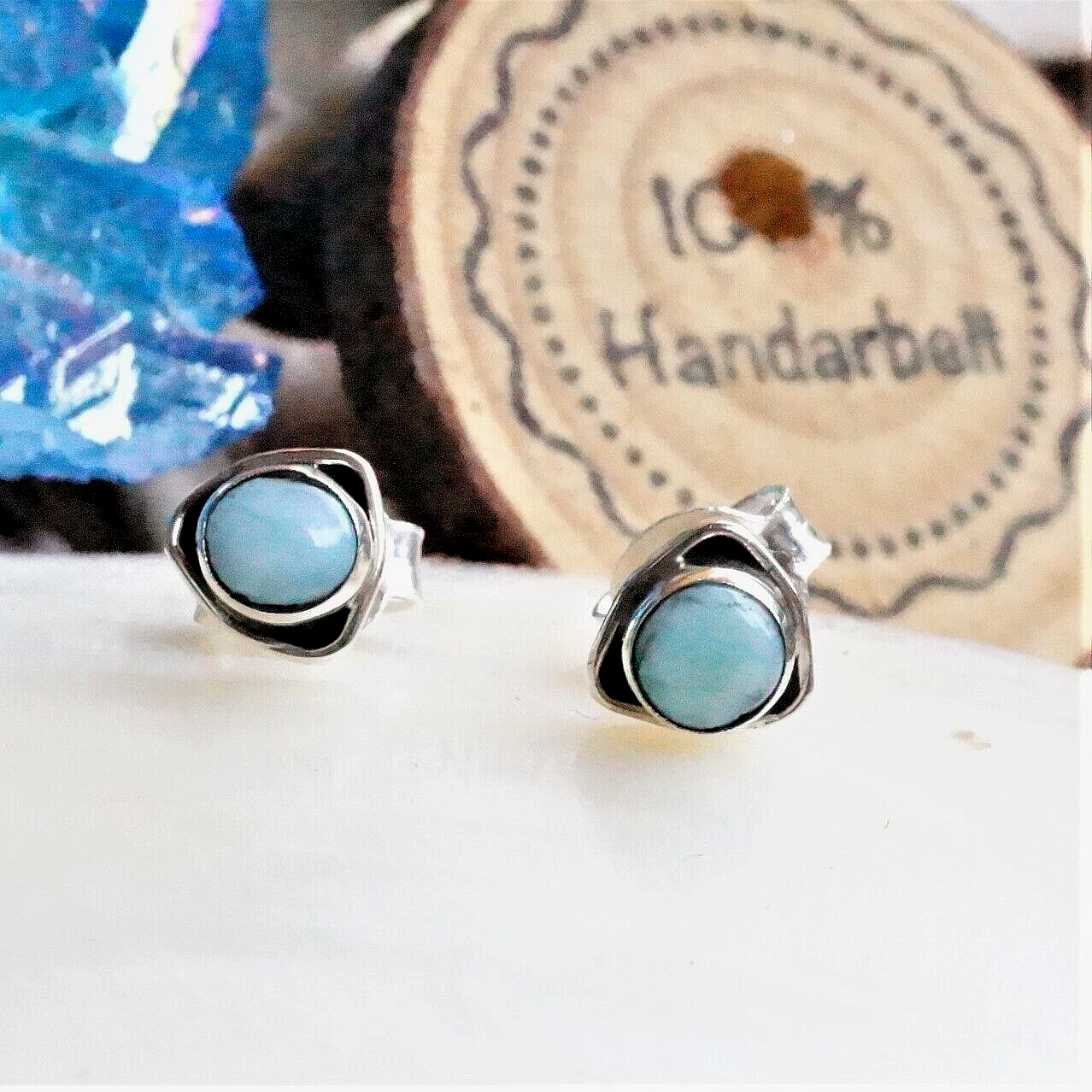 Bauhaus Design Ohrstecker 925er Silber Larimar Türkis Weiß Eckig 7 mm Schlicht