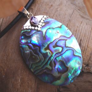 Groß Silber Anhänger 6 x 3,5 cm Abalone Paua Muschel Regenbogen Amethyst Modern