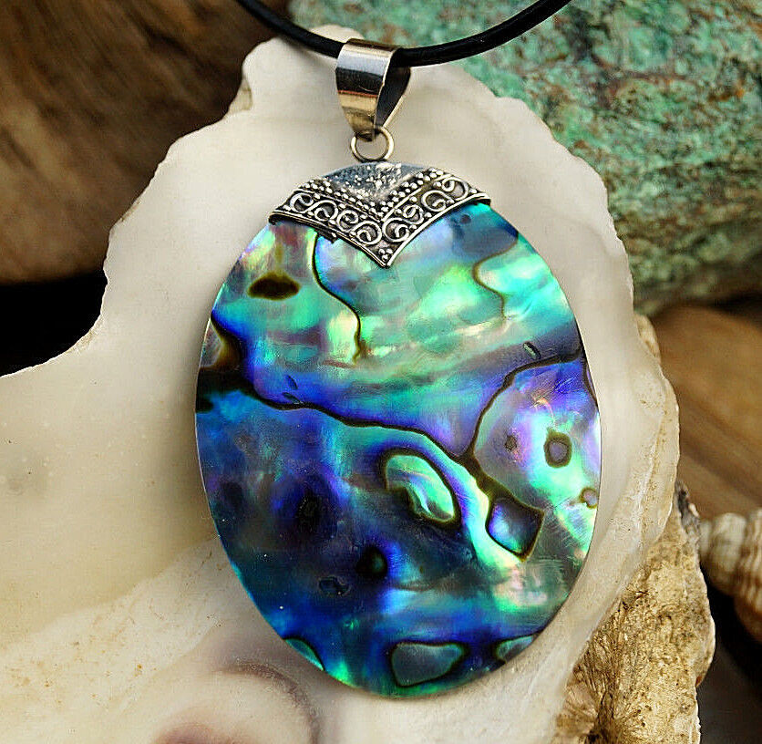 Silber Groß Kettenanhänger 6 cm Abalone Paua Muschel Regenbogen Verspielt Oval – Bild 3