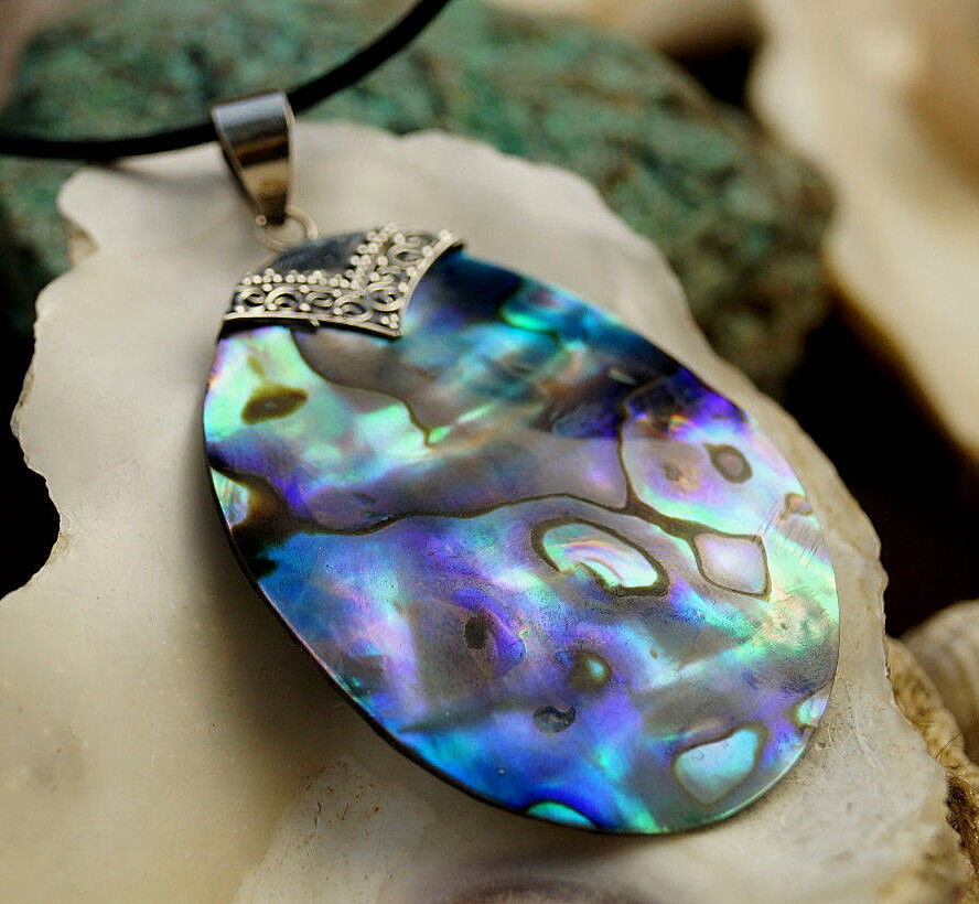 Silber Groß Kettenanhänger 6 cm Abalone Paua Muschel Regenbogen Verspielt Oval – Bild 4