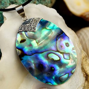 Silber Groß Kettenanhänger 6 cm Abalone Paua Muschel Regenbogen Verspielt Oval