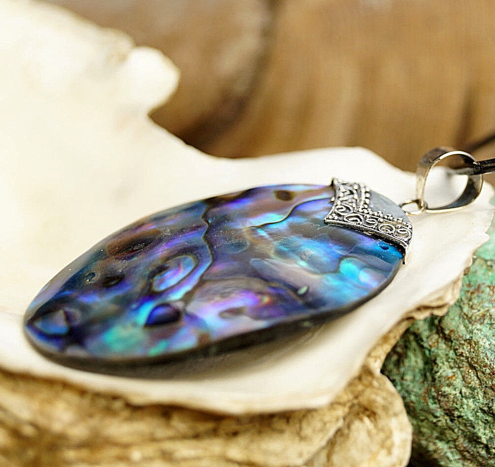 Silber Groß Kettenanhänger 6 cm Abalone Paua Muschel Regenbogen Verspielt Oval – Bild 5