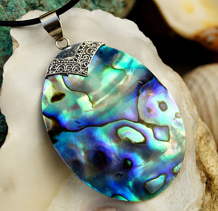 Silber Groß Kettenanhänger 6 cm Abalone Paua Muschel Regenbogen Verspielt Oval