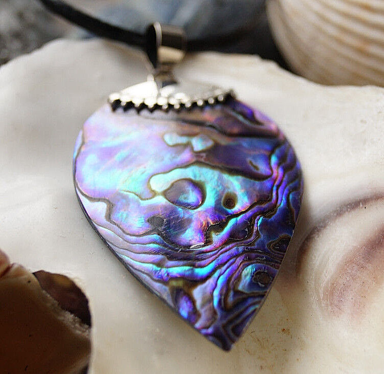 Silber Groß Kettenanhänger 6 cm Abalone Paua Muschel Seeopal Schlicht Tropfen – Bild 3