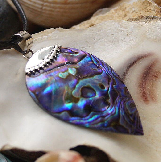 Silber Groß Kettenanhänger 6 cm Abalone Paua Muschel Seeopal Schlicht Tropfen – Bild 4