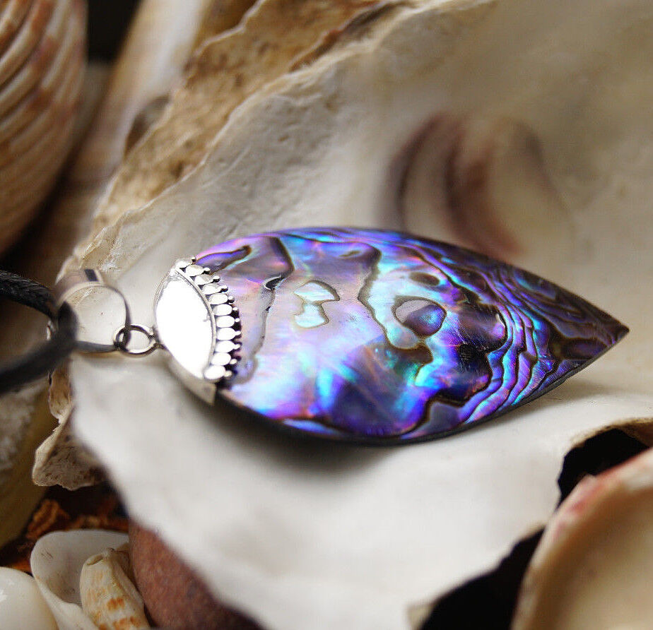 Silber Groß Kettenanhänger 6 cm Abalone Paua Muschel Seeopal Schlicht Tropfen – Bild 5
