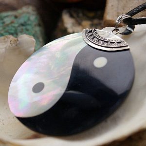 Silber Kettenanhänger 5 cm Ø Rund Perlmutt Groß Muschel Yin Yang Zeichen Design