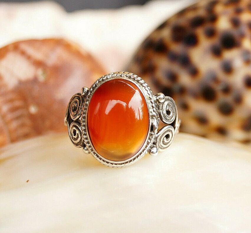 Vintage Design 925er Silber Ring 59 Karneol Orange / Malchit Grün Stein Spirale – Bild 5