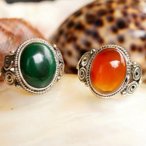 Vintage Design 925er Silber Ring 59 Karneol Orange / Malchit Grün Stein Spirale