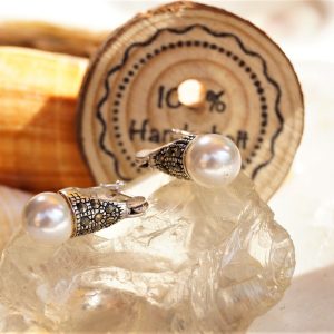 Vintage Elegant Perle Beige Natürlich Markasit Glitzer 925er Silber Ohrringe