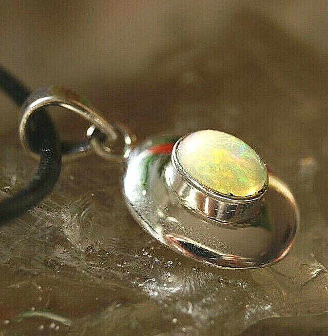 Kettenanhänger Silber Feueropal Opal Weiß Oval Schlicht Flash Multicolor Elegant – Bild 9
