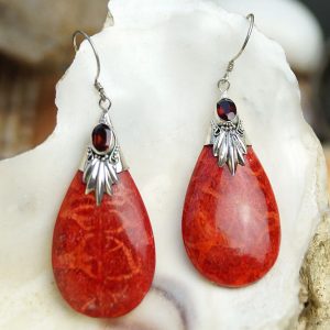 Ohrhänger Koralle Lang Rot Tropfen Silber Granat Oval Verspielt Ohrringe Modern