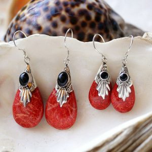 Ohrringe Vintage Design 925er Silber Koralle Rot Tropfen Groß Klein Onyx Schwarz