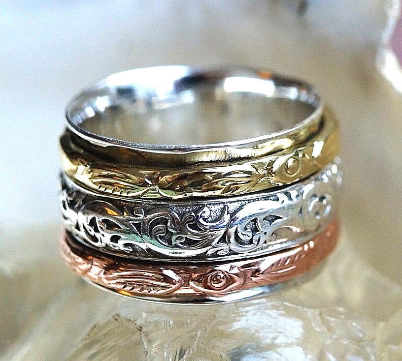 3 Drehringe Silber Breit 1,4 cm Spinring 58 59 Silberring Floral Bronze Messing