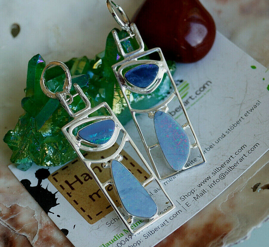 Creolen Groß 925er Silber Boulder Opal Feueropal Blau Bauhaus Design Ohrhänger – Bild 4